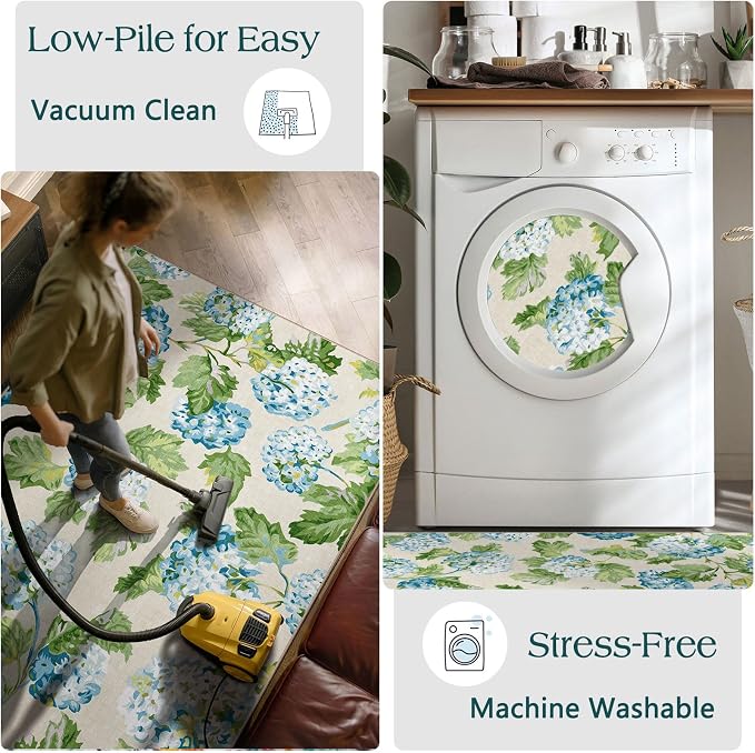 3x5 Floral Entry Rug - Small Washable Indoor Outdoor Mats for Front Door Non-Slip Porch Rug Blue Green Botanical Flower Throw Rugs for Living Room Bedroom Entryway Kitchen Office Porch Decor