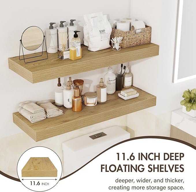 72 Inch Floating Shelves, 12" Deep Floating Shelf Wall Mounted, 72" Wall Shelves, Rustic Deep Bookshelf, Extra Deeper & Thicker Display Shelves for Bedroom, Living Room, Oak, Set of 1