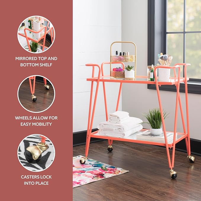 Gina Coral Mid-Century Bar Cart with Mirrored Shelves and Locking Wheels by Linon