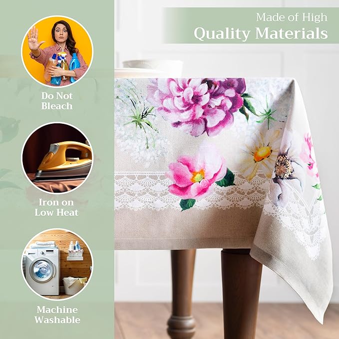 Maison d' Hermine Table Cloth Square Table 100% Cotton 60 x 60 Inches Tablecloth Reusable Decorative for Dining Room Farmhouse Home Valentines Day Decorations Spring Summer - Pivoine