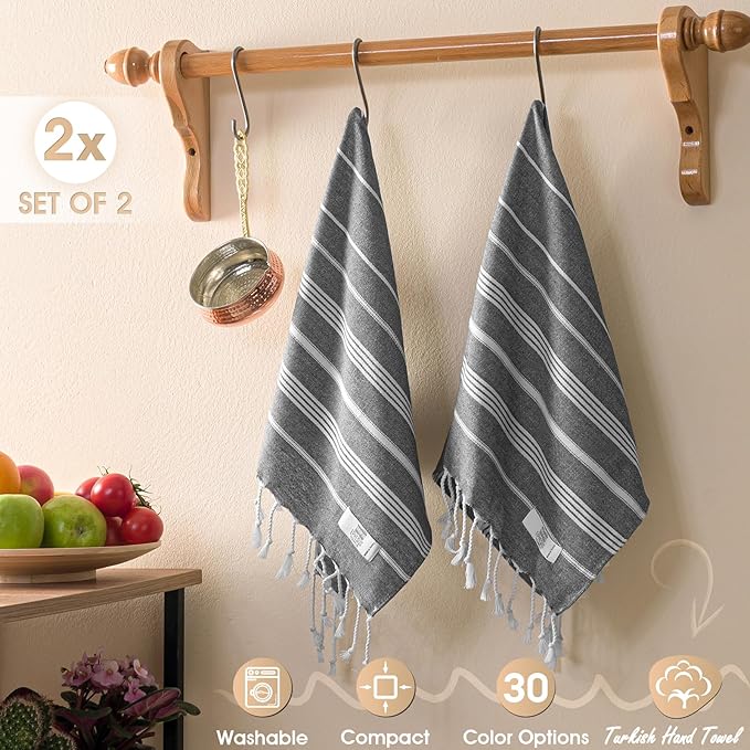 Hand Towels - Set of 2 | 18" x 30" - Decorative Turkish Hand Towel for Bathroom, Kitchen, Guest, Face, Hair, Tea, Dishcloth (Sultan, Anthracite)