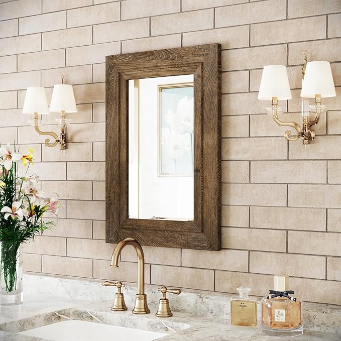 Rustic Wall-Mounted Vanity Mirror, Solid Wood Frame Bathroom Mirror, Farmhouse Style for Living Room, Bedroom, Entryway, Horizontal/Vertical Hanging