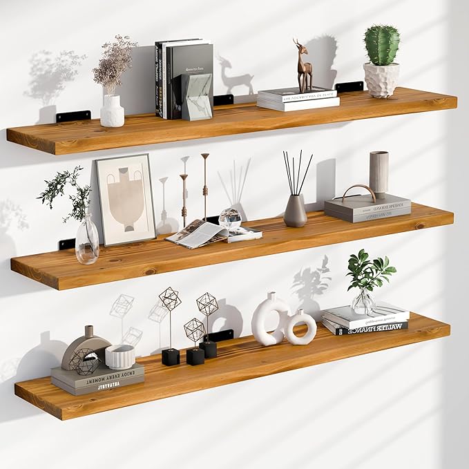 Rustic Wood Floating Shelves Set of 3, 36Inches Wood Rustic Farmhouse Wall Shelves, Easy-to-Install Hanging Shelves for Living Room, Kitchen, and Bathroom, 100bs Capacity. (Brown, 3T36IN)
