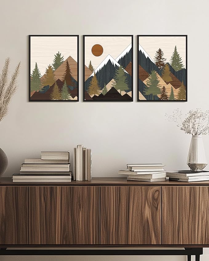 KUVIOKE Morden Mountains Framed Wall Art Boho Pine Tree Forest Nature Landscape Artwork Bohemain Farmhouse Rustic Bedroom Living Room Decor 12x16in (Black Framed)