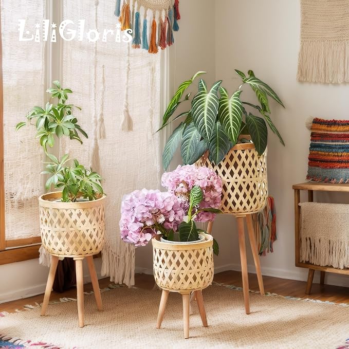 Boho rattan plant stand set of 2/3 – handwoven tall elevated wicker plant baskets for indoor plants, mid-century modern wooden planter holder with tripod legs,no-tool assembly，apartment gardening， farmhouse home decor, ideal gift for houseplant lovers