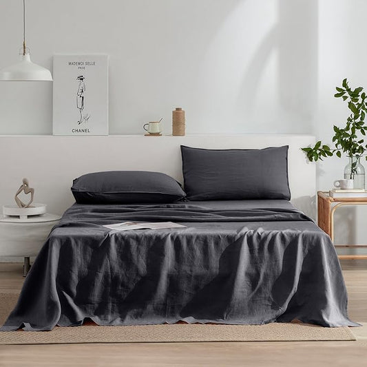 EVERLY Linen Sheets Set Full Size,100% French Stonewash Pure Linen Bed Sheets,4Pieces (1Flat Sheet,1Fitted Sheet,2Pillowcase) Suitable for Hot Sleepers,Deep Pocket Natural Bedding Set-Dark Grey