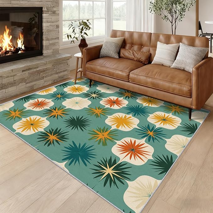 Mid Century Modern Rugs for Living Room Decor, 8x10 ft, Retro Geometric Flower Area Rugs for Bedroom, Soft Non Slip Washable 70s MCM Atomic Carpet Home Decorations D-g48