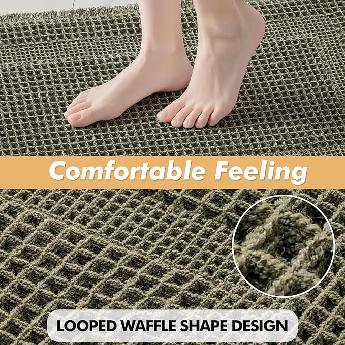 MIULEE Set of 2 Waffle Bathroom Rugs, Boho Bath Rug Super Absorbent, Non Slip Washable Ultra Soft Rubber Backed Shower Bath Mats for Floor, Tub, Shower, Looped Design, Green, 17"x24"+18"x30"
