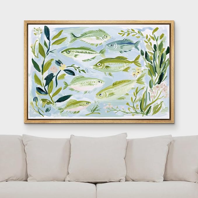 MUDECOR Framed Canvas Print Wall Art Freshwater Fish and Botanical Nature Illustrations Minimalism Decorative Bohemian Colorful Zen for Living Room, Bedroom, Office - 16"x24" NATURAL