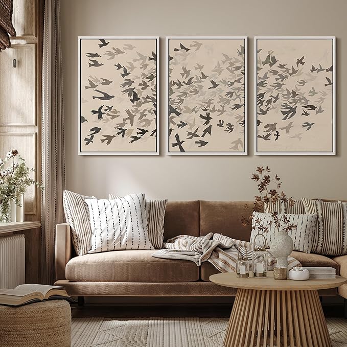 MUDECOR Framed Wall Art Print Set Minimalist Subtle Birds in Motion Illustrations Modern Art Boho Decorative Colorful Chic for Living Room, Bedroom, Office - 24"x36"x3 White