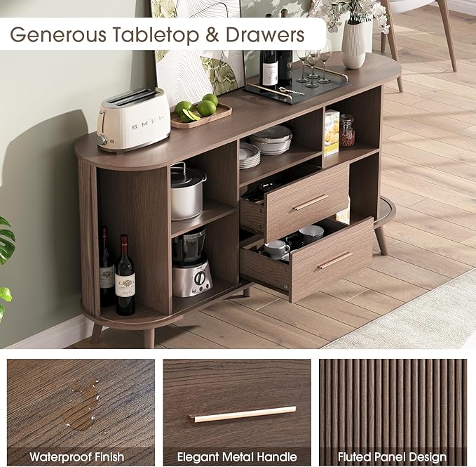 63" Sideboard Buffet Cabinet with Sliding Tambour Doors, Mid-Century Modern Accent Cabinet with Drawers & Solid Wood Legs, Fluted Storage Cabinet for Living Room, Dining Room, Walnut