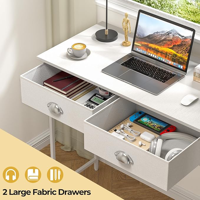 DAOUTIME Small Writing Desk for Kids Bedroom, 31.5 Inch Small Computer Desk for Small Spaces, Simple Desk with 2 Fabric Drawers for Home Office, Dorm, Living Room, Home Study Table, White