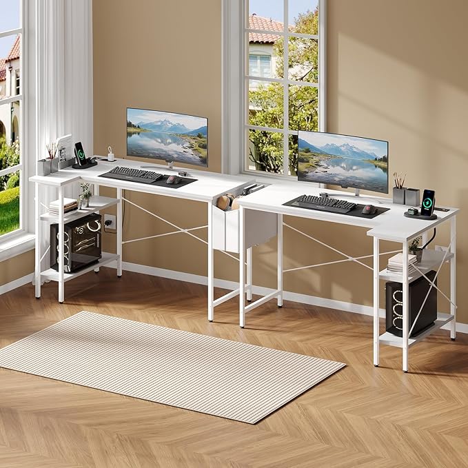 DUMOS 39" Corner Gaming Desk, L Shaped Computer Desk with 3AC+2USB+1Type-C Power Strip, Storage Shelves & Side Hanging Fabric Organizer, White Gaming Workstation for Home Office and Bedroom