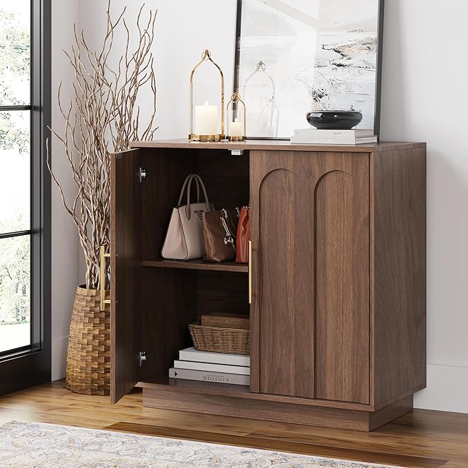 Sideboard Buffet Cabinet with Storage Set of 3, Mid Century Modern Accent Cabinet with Arched Doors, Modular Media Console, Credenza for Living Room Kitchen Dining Room Entryway, Walnut