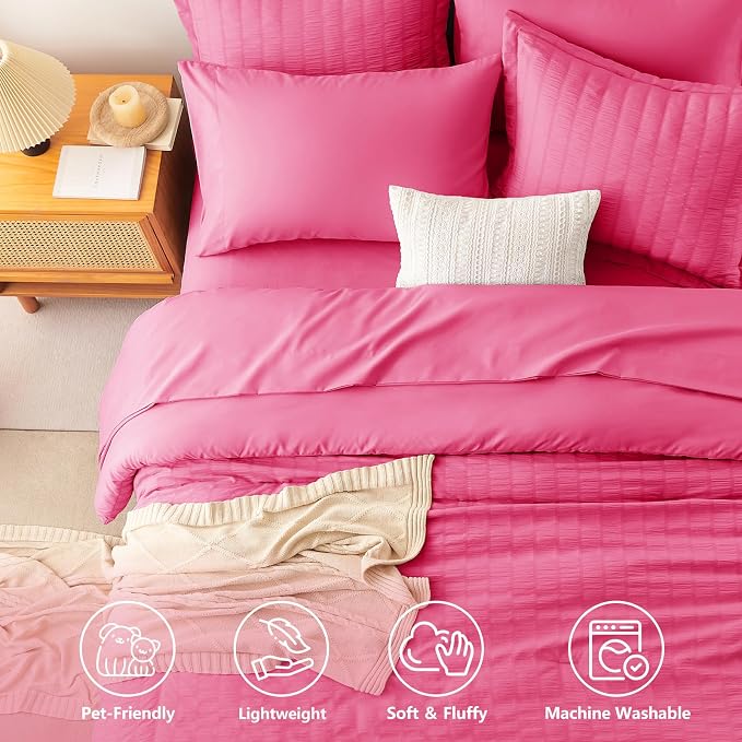 CozyLux Full Size Comforter Sets Hot Pink, 7 Pieces Seersucker Textured Luxury Bed in a Bag, All Seasons Soft Bedding Sets with Down Alternative Comforter, Sheets, Pillowcases & Shams, Home Gift