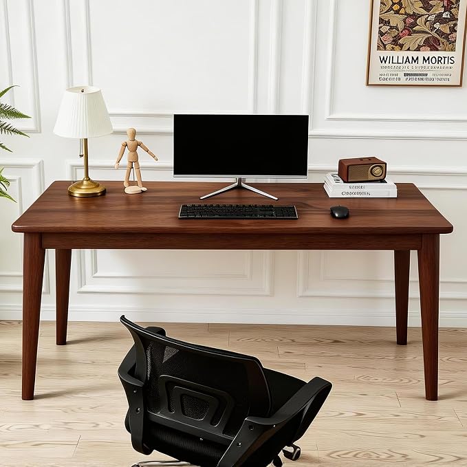 Solid Rubberwood Writing Desk Modern Wooden Computer Table for Bedroom Home Office Study Apartment Small Space Workstation with Tapered Legs,Spacious Tabletop (Walnut,55.12"L x 19.69"W x 29.53"H)
