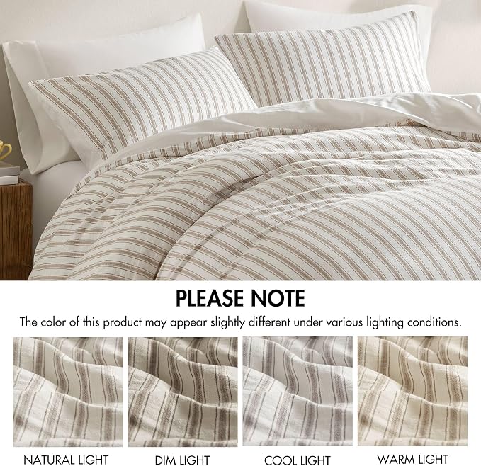 Madison Park Duvet Cover Set for Hot Sleepers - Linen Cotton Rayon Blend, King Size 3 Piece Set with Shams - Lightweight & Breathable Bedding, Tan Striped Design