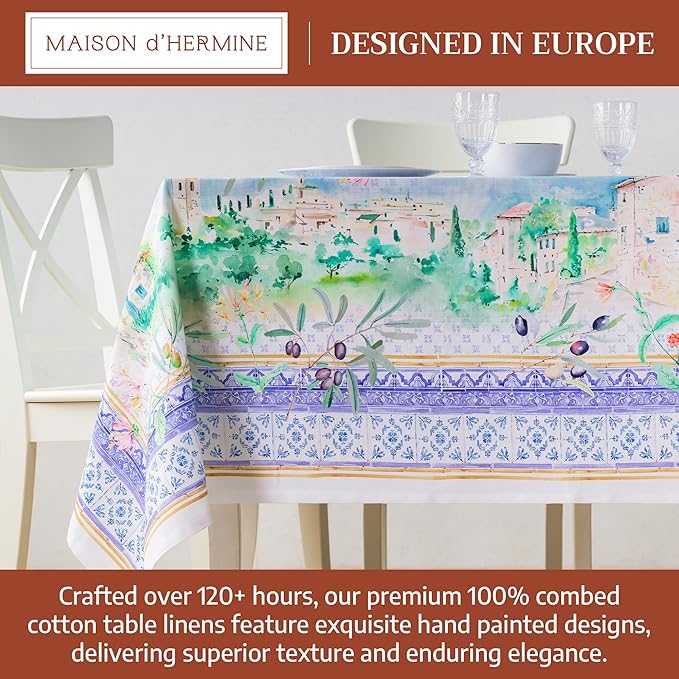 Maison d' Hermine Premium Table Cloth Rectangle Table 100% Combed Cotton 120 x 70 Inches Tablecloth Reusable Decorative for Dining Room, Farmhouse, Home, Party, Festive & Wedding - Luberon