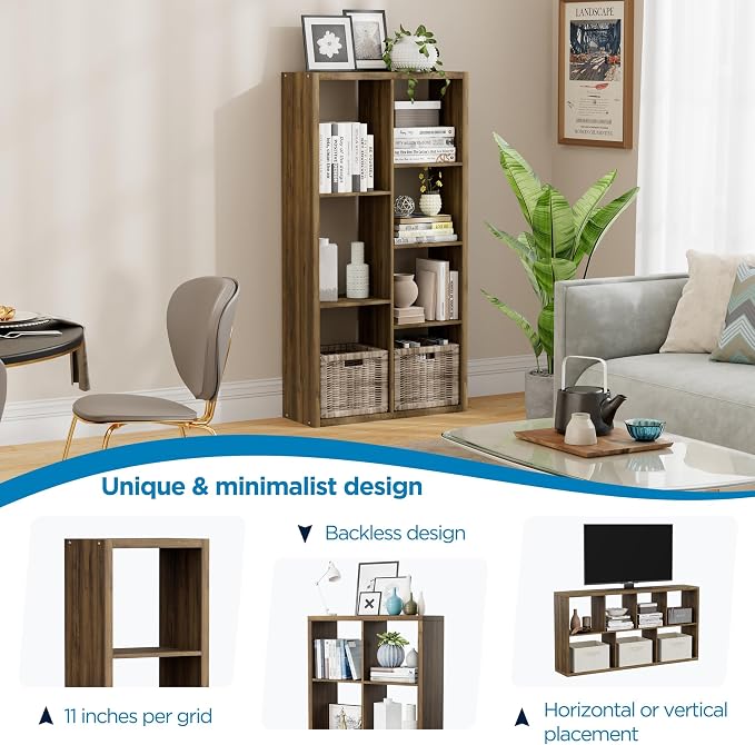 7 Cube Storage Organizer, Cube Shelf with Heavy-Duty Thick Boards, 25.12" L x 9.37" W x 48.74" H, Smooth Easy-Clean Panels, Simple Assembly, for Living Room Bedroom, Brown