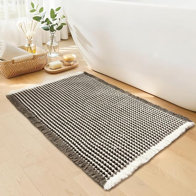 Waffle Bath Mat - Boho Bathroom Rugs Non Slip Washable, Super Absorbent & Quick Dry, Small Bath Mats Farmhouse Bathroom Decor, 18'' x 30'', Olive Green and White