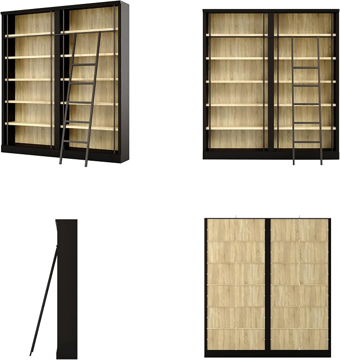 Homsee Traditional 86.6-inch Tall Bookcase Wall with Ladder, 6-Tier Office Bookshelf Storage Organizer, Display Shelf Unit for Home Office, Living Room, Black & Wood Grain