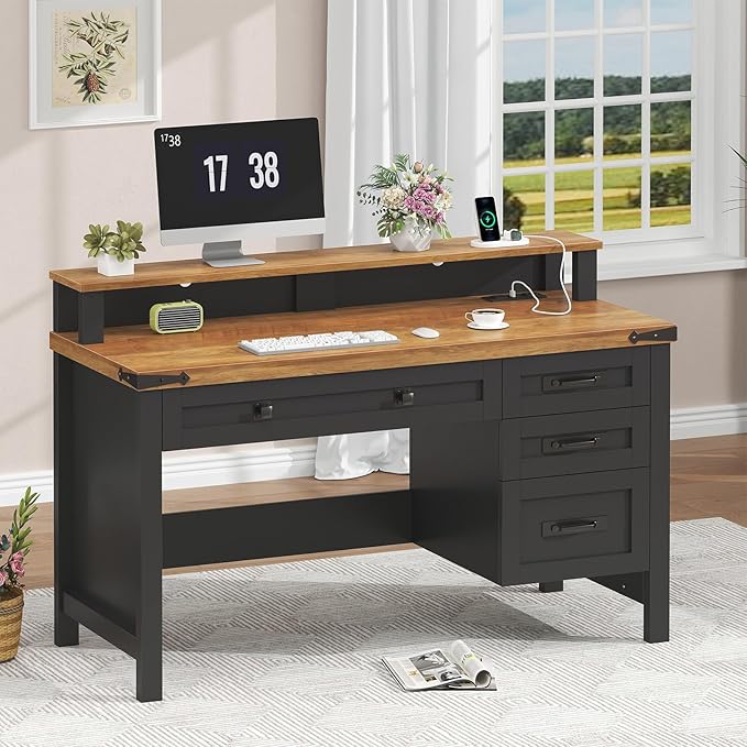 YOMILUVE Farmhouse Computer Desk with Drawers, 47" Small Computer Desk with Power Outlets, Home Office Desk with Monitor Stand & 4 Drawers, Writing Study Table, Brown and Black