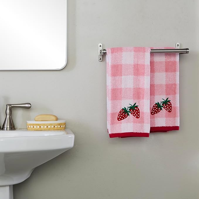 SKL Home Buffalo Plaid Strawberry 100% Cotton Jacquard 2pc Hand Towel Set, Embroidered & Decorative for Bath/Kitchen/Bar & Gift, Pink