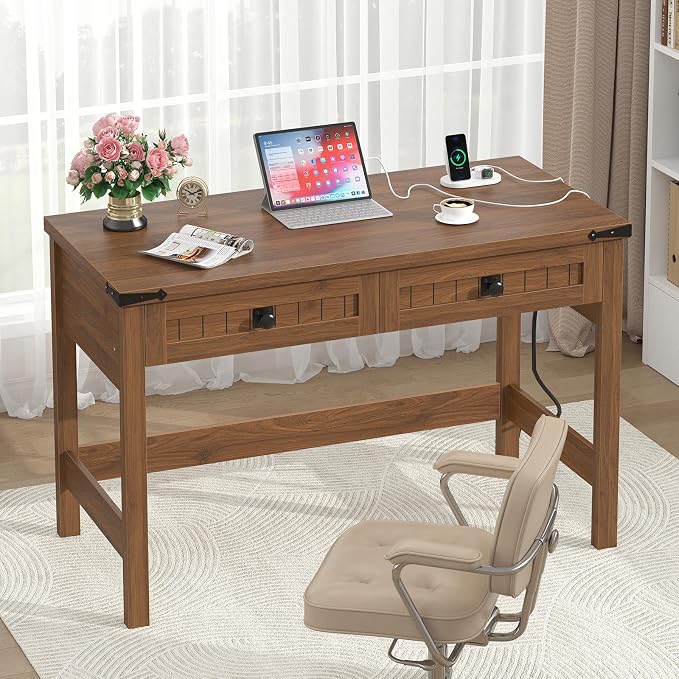 YOMILUVE Farmhouse Computer Desk with 2 Drawers, 39 Inch Small Office Computer Desk with Power Outlets, Compact Writing Study Vanity Desk for Small Spaces, Brown