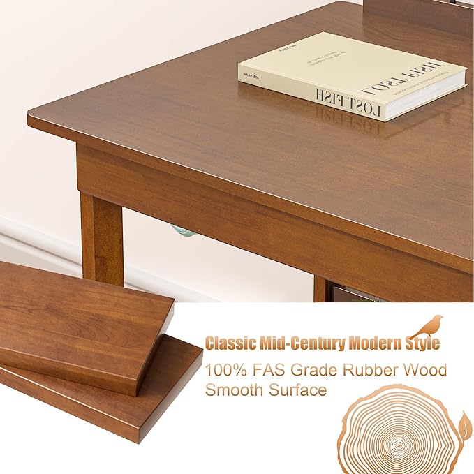 Solid Wood Writing Desk with Drawers, 47" Mid Century Modern Desk, Vintage Home Office Computer Desks and Storage Shelf, Wooden Study Table for Bedroom Small Spaces, Study Makeup Workstation, Walnut