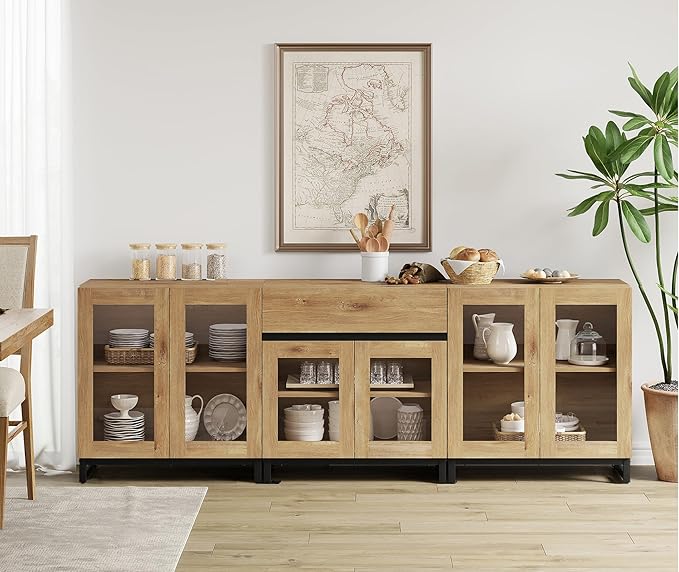 WAMPAT 3 in 1 Modern Sideboard with Adjustable Shelves and Drawer,Storage Cabinet with Glass Doors, Coffee Bar Cabinet for Living Room, Kitchen, Oak