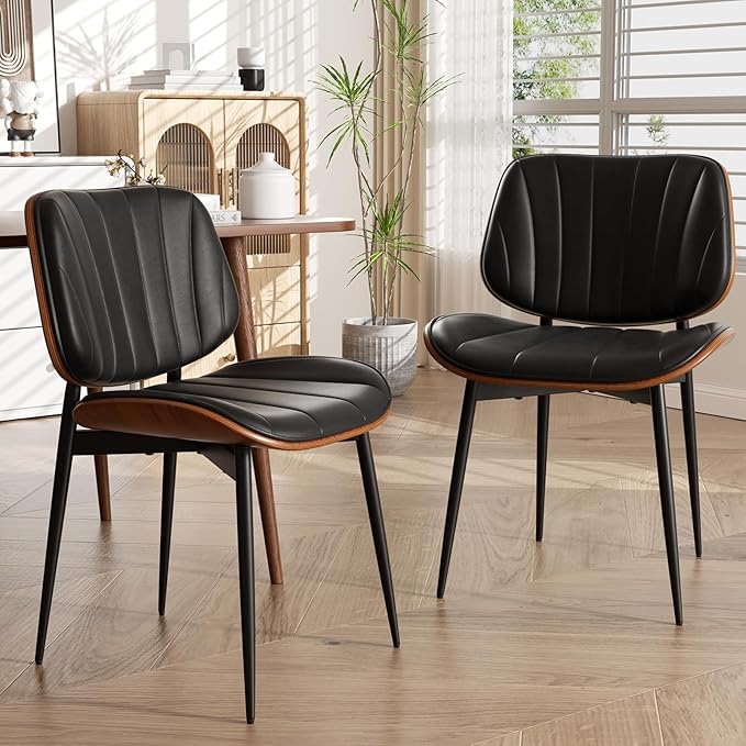 Mid Century Modern Dining Chairs Set of 8, Upholstered Faux Leather Kitchen Dining Room Living Room Chairs, Walnut Wood Bentwood Back and Metal Legs, Black