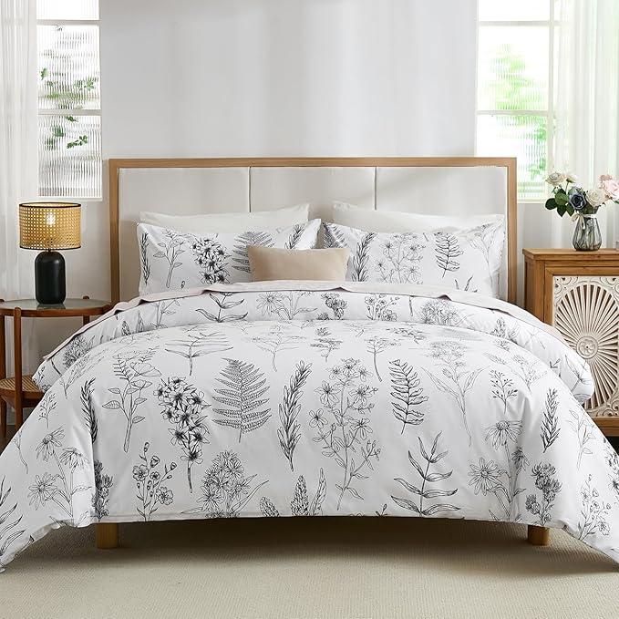 Cozeline 100% Cotton Duvet Cover Queen Size, Black and White Leaf Pattern Bedding Set with Zipper Closure, 3 Pcs Breathable and Soft Floral Duvet Cover for All Season