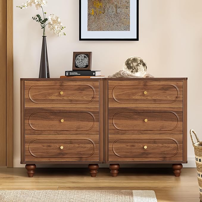 ORRD 3 Drawer Fluted Dresser for Bedroom Set of 2, Mid Century Modern Chest of Drawers, Wood Storage Small Dresser Organizer for Bedroom Living Room Hallway Closet, Walnut
