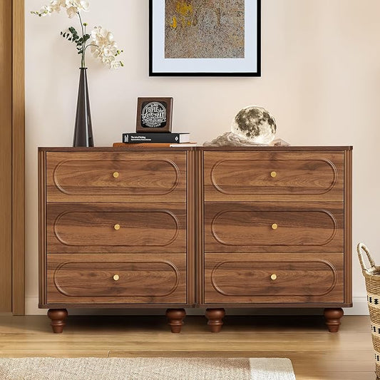 ORRD 3 Drawer Fluted Dresser for Bedroom Set of 2, Mid Century Modern Chest of Drawers, Wood Storage Small Dresser Organizer for Bedroom Living Room Hallway Closet, Walnut