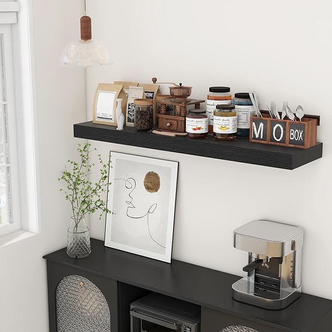48 Inch Black Floating Shelf | 12 Inch Deep Floating Shelves Set of 1 | 48" D x 12" D Rustic Wood Shelves for Wall | Deep Black Shelves for Living Room Bathroom Laundry Room Kitchen