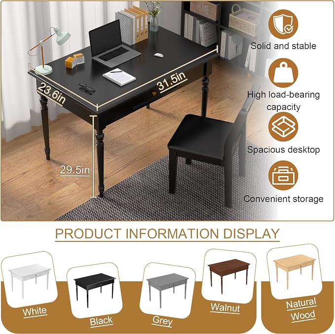 Solid Wood French Country Desk,Writing Desk with Storage Drawers,Farmhouse Computer Table Makeup Table Modern Simple Style,for Home Office Living Room Study Workspace Bedroom (Black, 31.5IN)