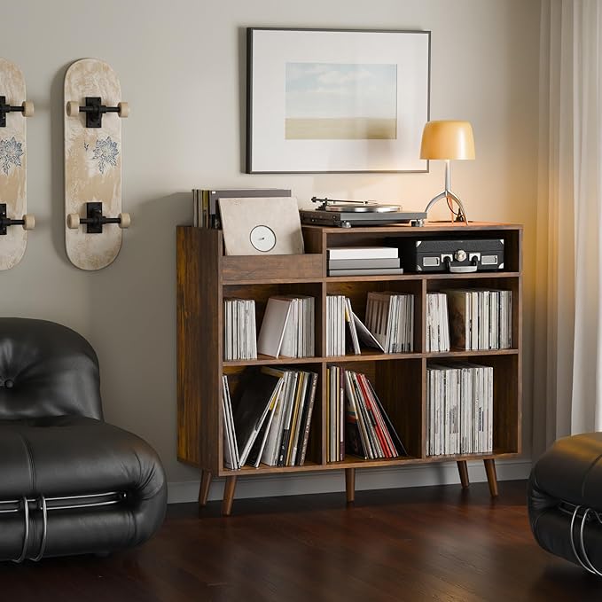 Cozy Castle Large Record Player Stand with Vinyl Storage Cabinet, Wood Turntable Table Open Shelf Holder Up to 500 Albums Cube Storage Organizer for Living Room, Office, Rustic Brown