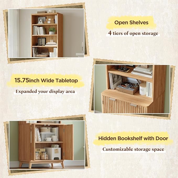 DurayLoly Tall Bookshelf, 6-Tier Bookcase with Fluted Doors & Adjustable Shelves, Mid-Century Cabinet, Modern Wooden Book Shelf for Home Office, Living Room, Kitchen, Light Oak