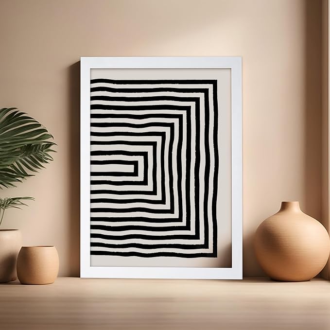 Poster Master Japanese Ink Poster - Rectangle Tunnel Print - Geometric Illustration - Abstract Illustration - Line Artwork - Mid Century Modern Art - Minimal Living Room Design - 16x20 White Framed