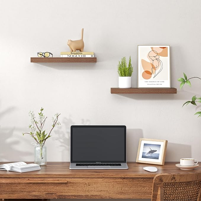 Heimlove Floating Shelves for Wall,16 inchs Shelf for Small Bathroom,Mounted Storage & Display Wood Shelves for Bedroom,Living Room,Kitchen,Office,Set of 2,Walnut Color