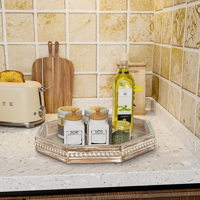 MAONAME Wood Serving Tray,Farmhouse Wooden Tray with Beads, Washed White Octagonal Serving Tray，Coffee Table Tray for Living Room, Kitchen, 12" X 12" X 1.6"