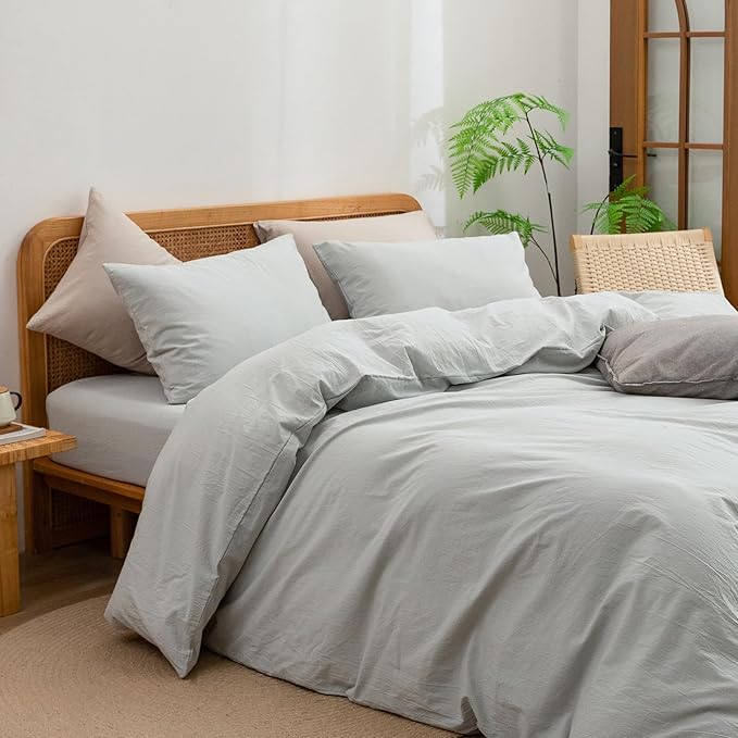 BESTOUCH Duvet Cover Set 100% Washed Cotton Linen Feel Super Soft Comfortable Chic Lightweight 3 PCs Home Bedding Set Solid Northern Droplet Grey Alaska King