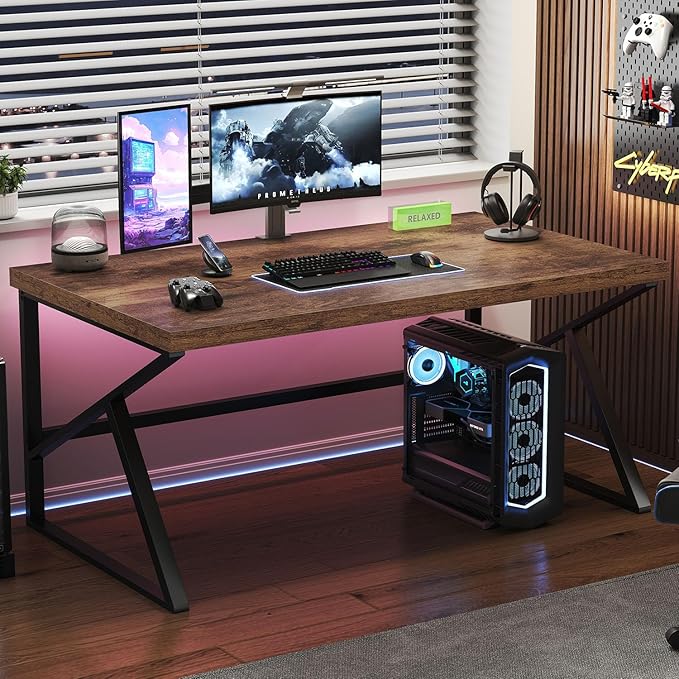 HSH Rustic Computer Desk, Large Executive Writing Study Work Desk for Home Office, Industrial Metal Wooden PC Laptop Long Desk Workstation, Modern Bedroom Living Room Table, Rustic Brown, 60 Inch