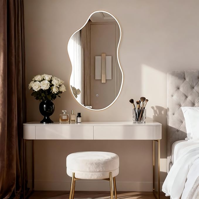 SHYFOY 43” x 23” Irregular Cloud-Shaped LED Wall Mirror, Modern Asymmetrical Silver Wall Mirror with Backlit Light for Bedroom, Living Room, Bathroom, Entryway