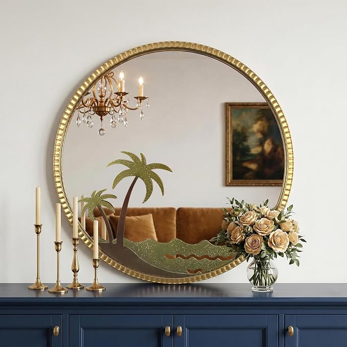 Round Gold Mirror - Modern Wall Mounted Mirror with Coconut Tree Design: 32"x32" Large Matt Gold Antique Wall Decor - Vintage Ornate for Entryway/Fireplace/Bathroom/Hallway