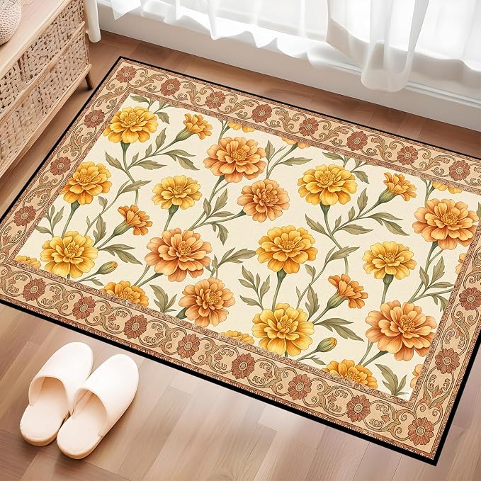 Marigold Floral Area Rug Vintage Boho Rug Bordered Non-Slip Washable Floor Mat for Entryway Bedroom Living Room Nursery Kitchen Playroom Home Decor,2'x3'