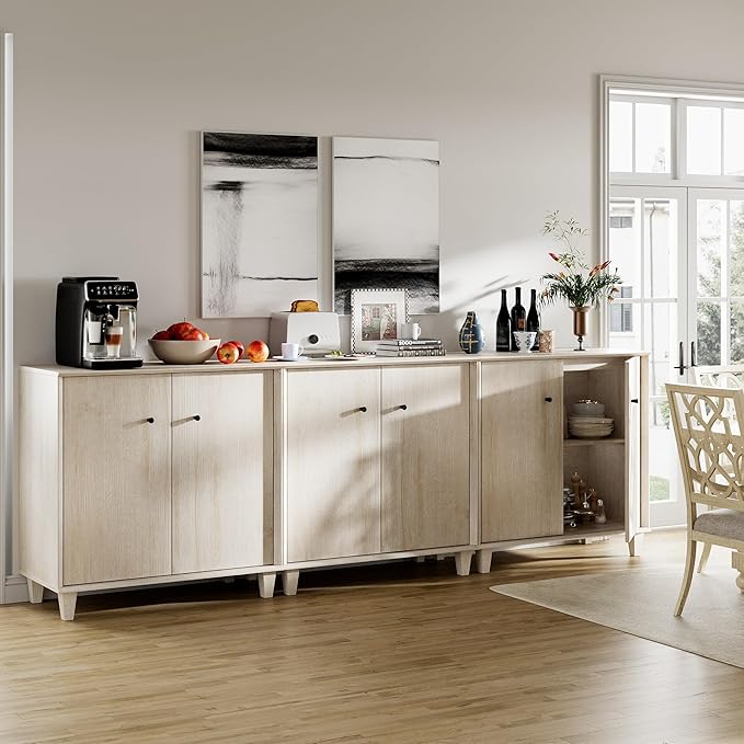 Sideboards Buffet Cabinet 3 in 1 Wide Credenza Buffet Table with Adjustable Shelf, Modern Kitchen Accent Cabinet with Storage Compartments for Dining Room Living Room, Hallway, Light Oak