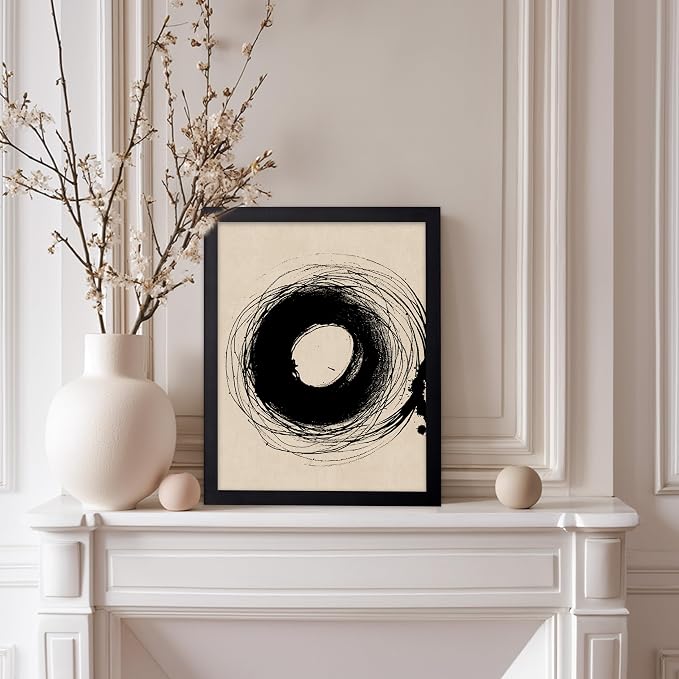 Poster Master Handmade Circle Drawing Poster - Ink Brush Print - Drawing Art - Sketch Design - Abstract Illustration - Great Bedroom or Living Room Wall Decor - 11x14 Black Framed