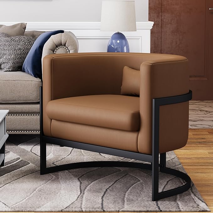 Brown Faux Leather Barrel Accent Chair Modern Upholstered Armchair for Living Room Bedroom Single Sofa Chair Club Side Chairs