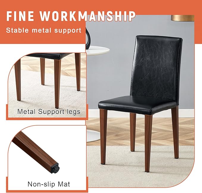 47" Round Dining Table Set for 6, Walnut Wood Grain Table and 6 Black PU Leather Upholstered Chairs Set, Mid Century Modern Kitchen Table Set with Cross Legs